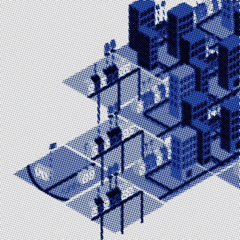 Blue halftone isometric illustration of a neighbourhood of homes and streets