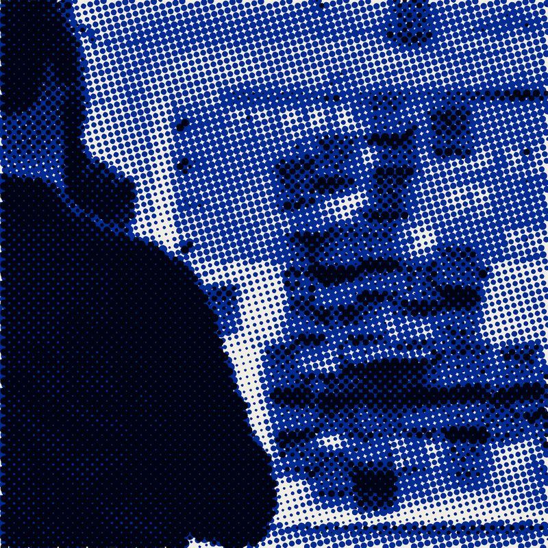 Blue halftone photo of a person at a wall of sticky notes during a policy blueprinting session